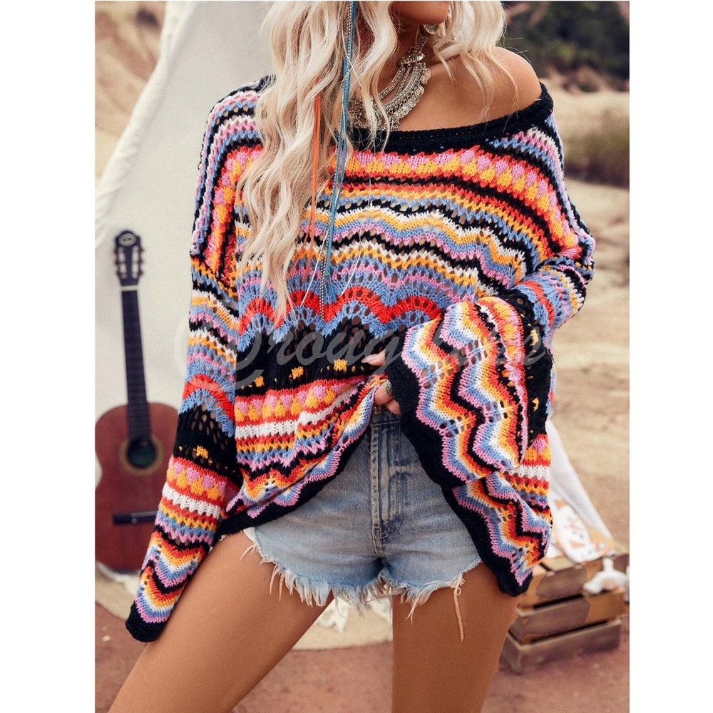 Bohemian Bell Sleeve Light Sweater Loose Fit Multicolor Knit Eyelet Stretchy - Picture 4 of 8